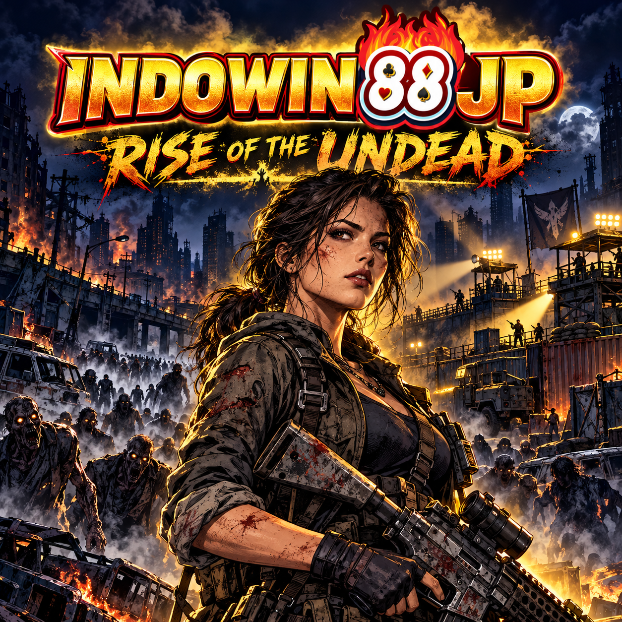 Banner persegi 600 x 600 INDOWIN88JP Rise of the Undead dengan tema kiamat zombie